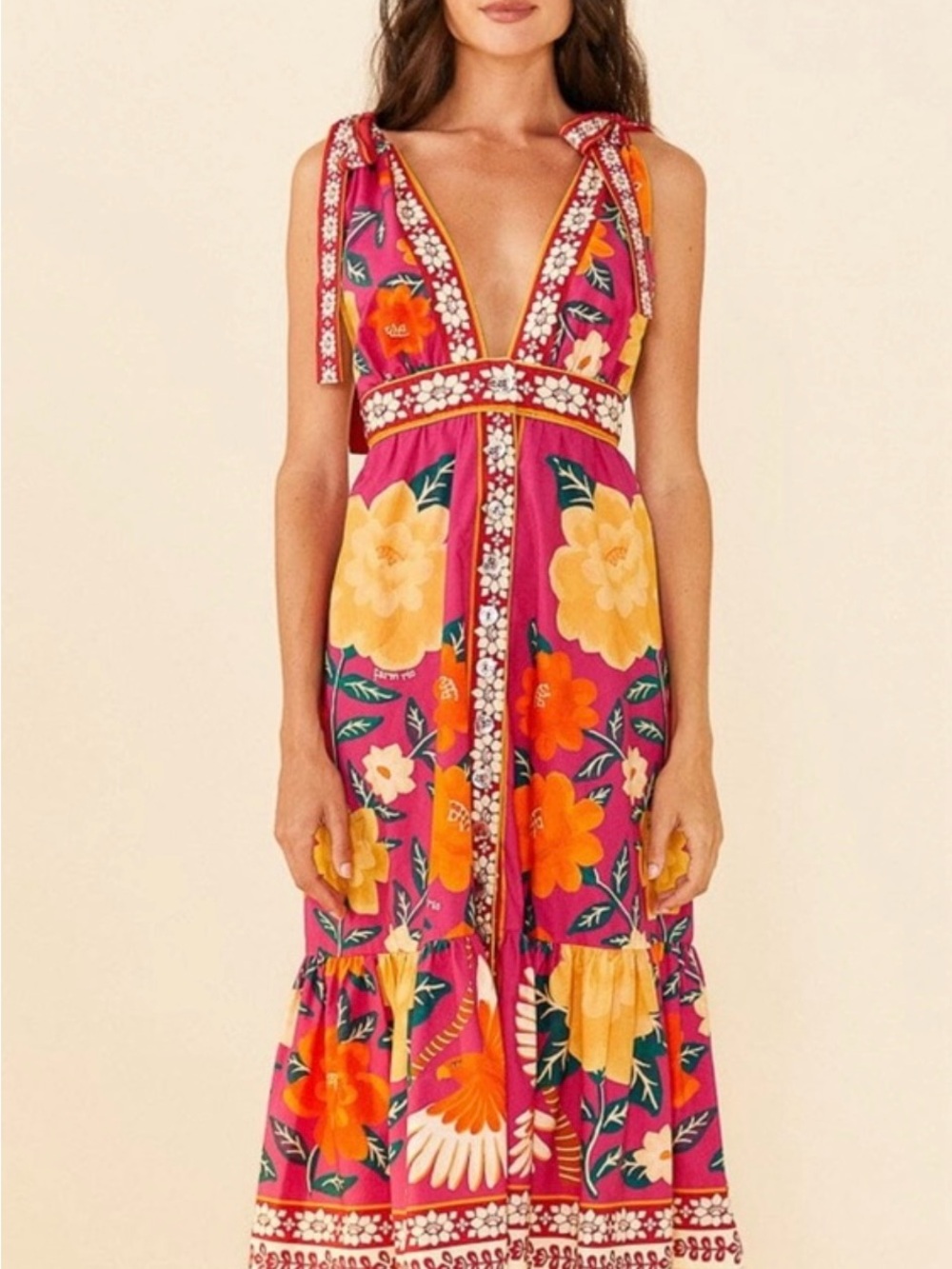 Farm Rio Pink Flower Tapestry Midi Dress
